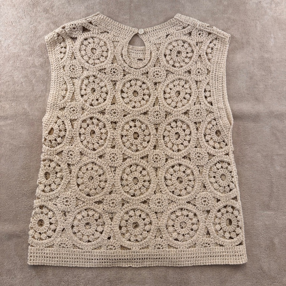Crochet Lace Floral Rosette Boho Cottagecore Heirloom Tank Coastal Top Cream S - Picture 8 of 8